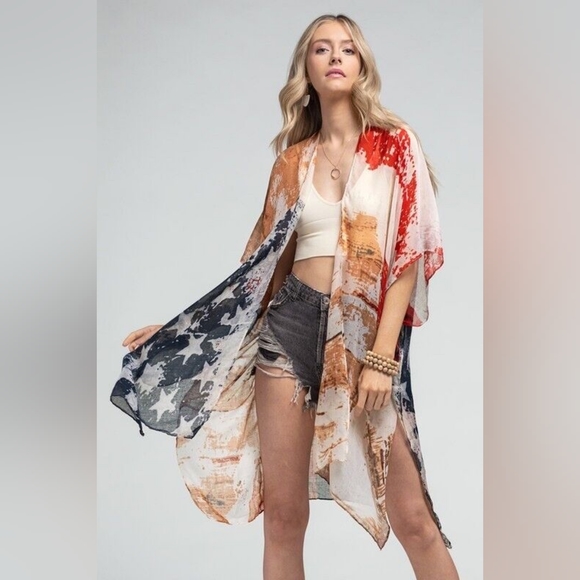 Vintage Inspired Distressed American Flag Kimono - Great for Patriotic Events! - Picture 4 of 5